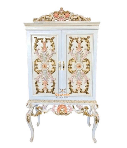 Wooden Cabinet French Baroque Style Flower Carving in Front White Color Cabinet for Home Decor or Store Display Cabinet