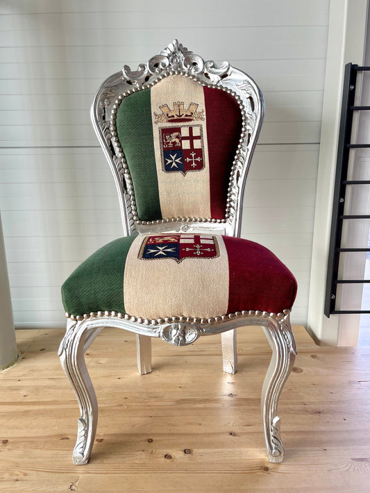 Accent Chair French Louis XV Style in Italian Flag Naval Crown Chair Retro Baroque Antique Style in Sliver Finish