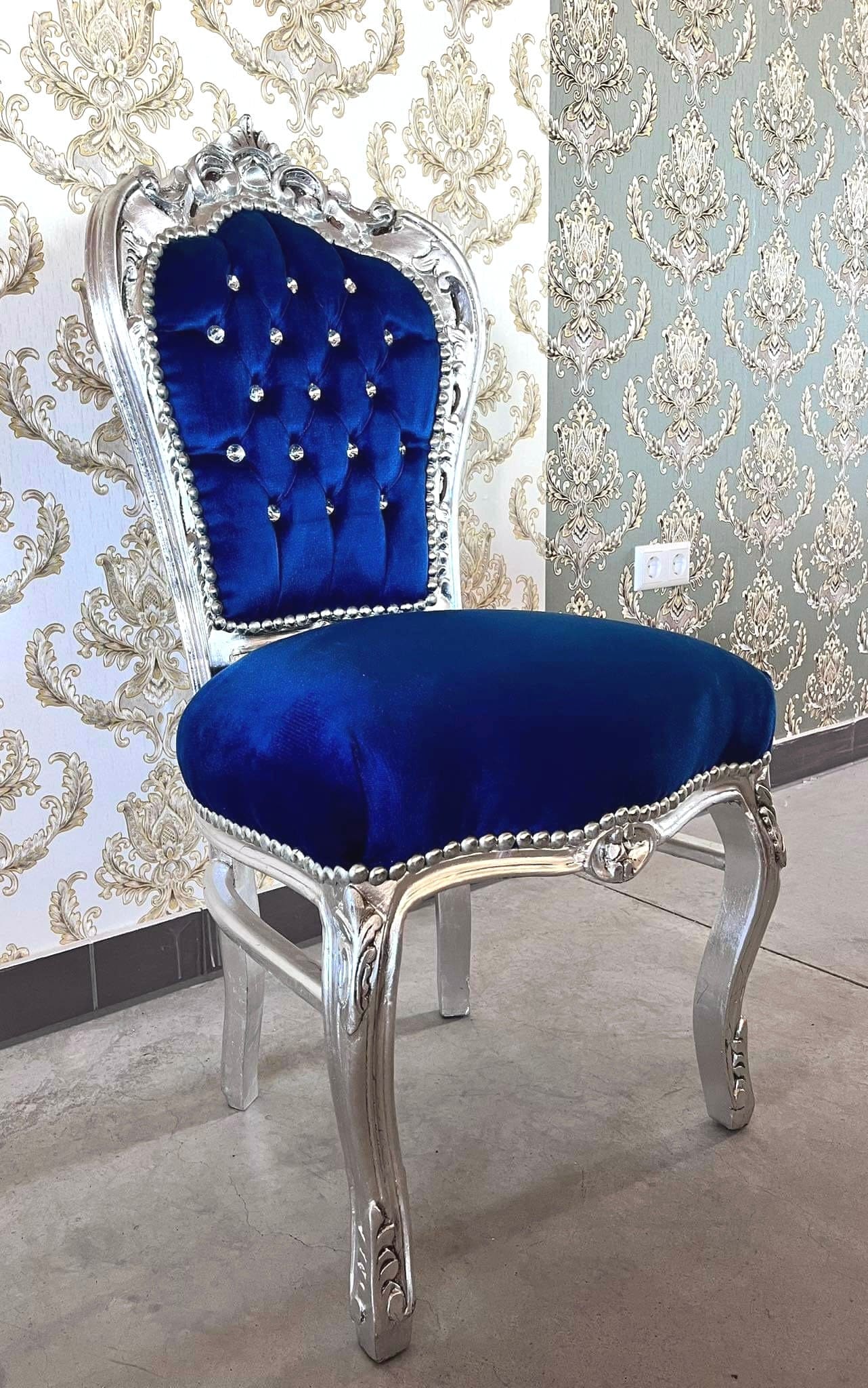 Accent Chair Blue Velvet French Baroque Antique Style Dining Chair Velvet Purple in Silver Finish for Home Decor