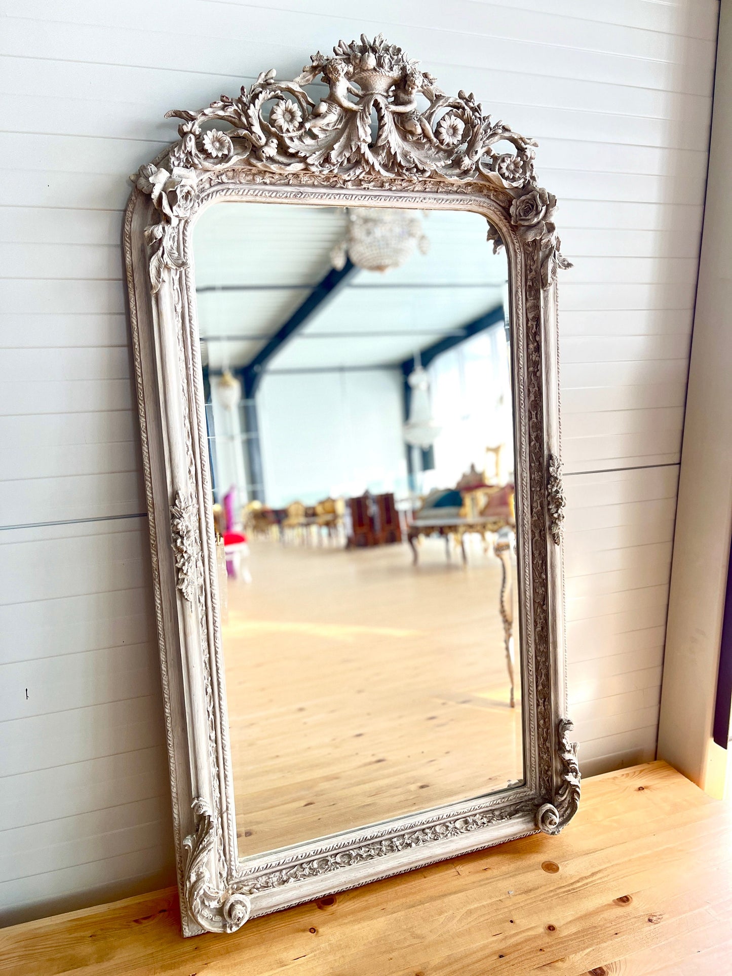 Floor Mirror French Baroque Style Mirror with Angel & Flowers Sculpture Decoration in Gold and Light Grey Frame for Home Decor