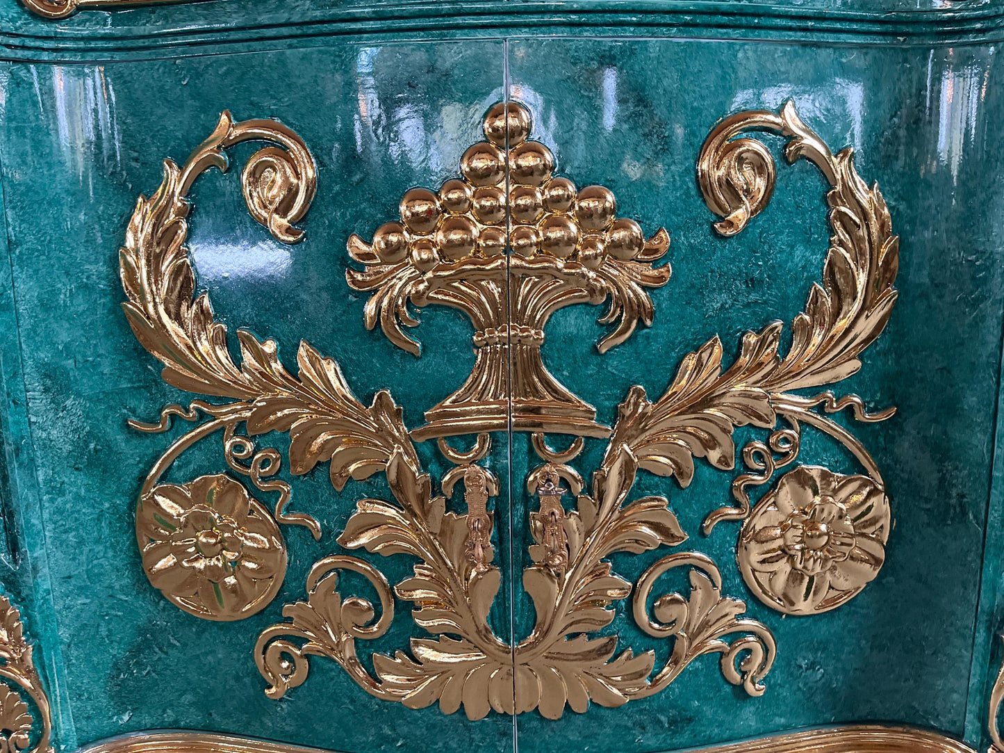 Huge Wooden Cabinet Antique Baroque Rococo Style in Emerald Green Huge Cupboard for Home Decor or Commercial Store Display