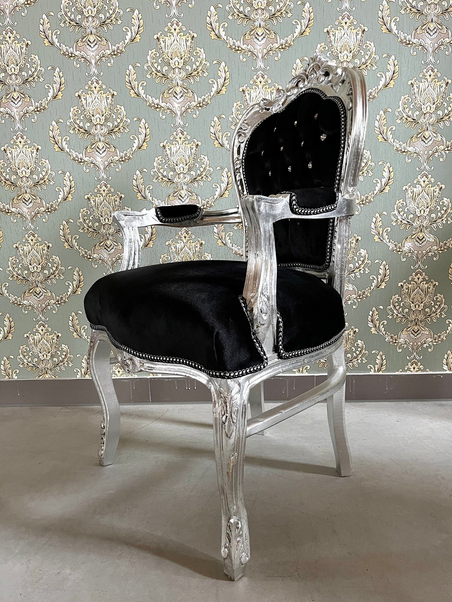 Armchair French Louis Style Black Velvet Chair Antique Style Baroque Rococo Style Armchair in Silver Finish Velvet Black for Home