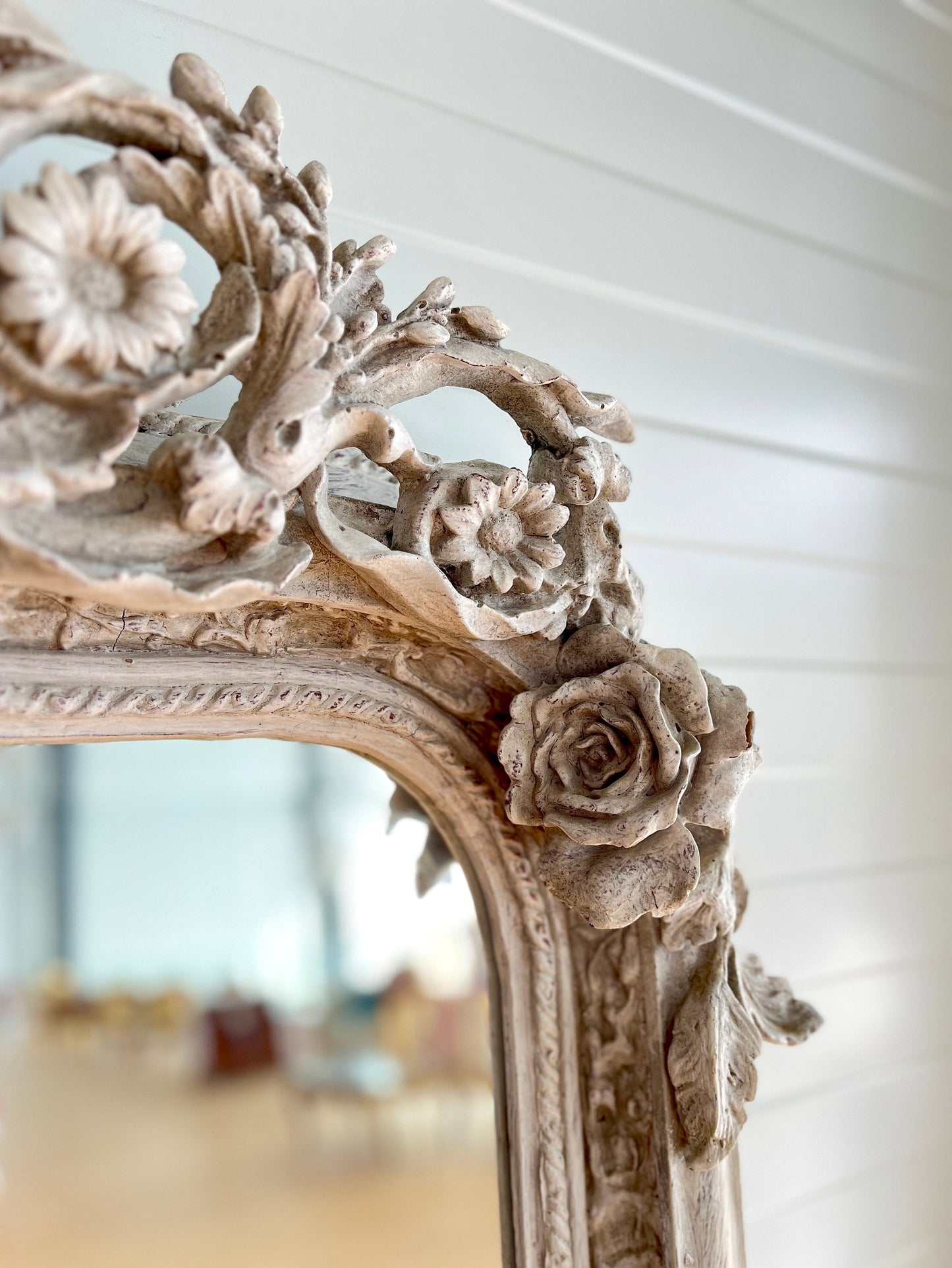 Floor Mirror French Baroque Style Mirror with Angel & Flowers Sculpture Decoration in Gold and Light Grey Frame for Home Decor