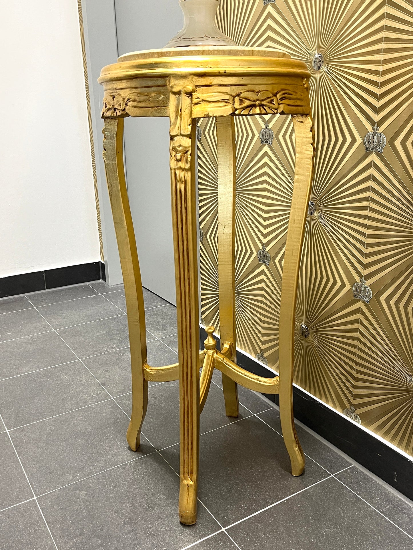 Tall Side Table French Baroque Style with Marble Slab Top for Home Decor Table Gold Finish and Beige Marble