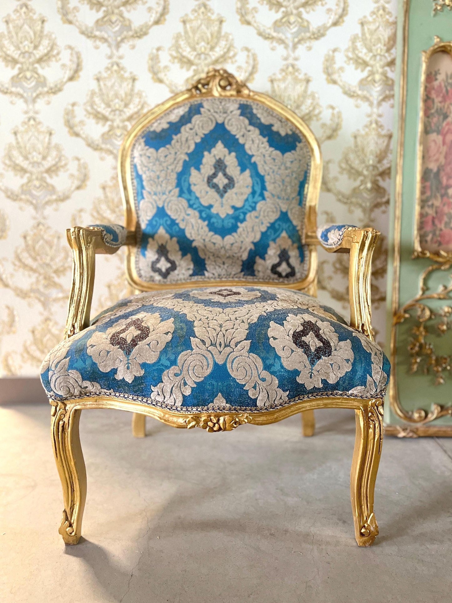 Armchairs French Louis Style in Blue Damask Retro Baroque Rococo Style Armchair Lounge Chair for Home Decor