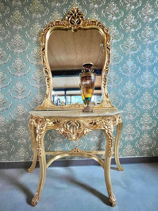 Table Console & Mirror Retro Baroque Style with Beige Marble Top Handcrafted Wooden Table in Gold Finish