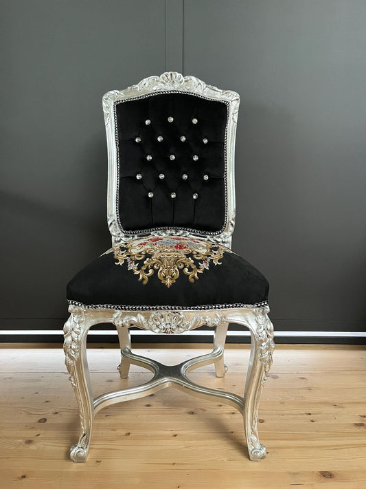 Accent Chair Antique Style Silver Finish Dining Chair Black Home Decor Baroque Rococo Style Chair in Black Velvet for Home