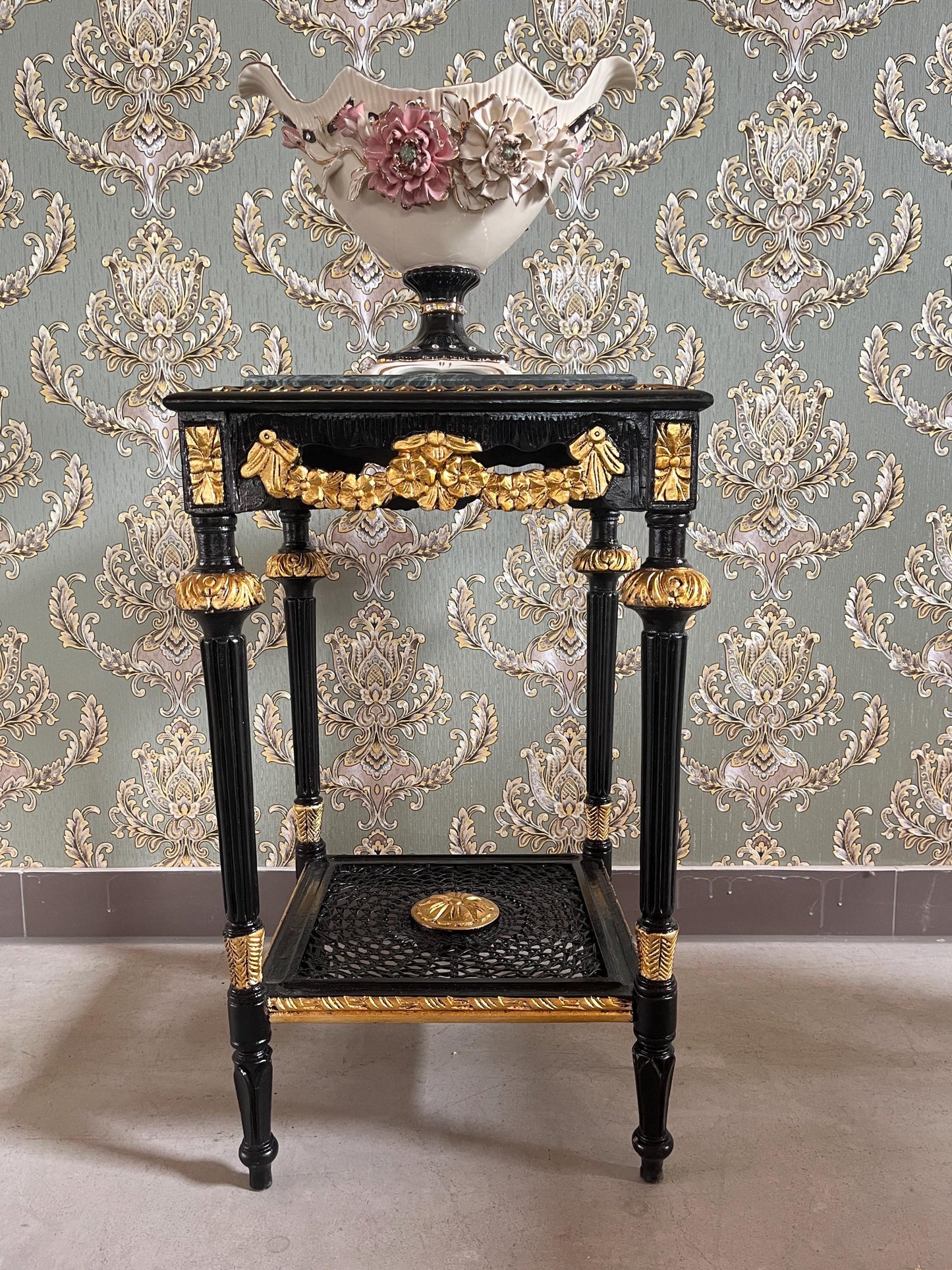 Black Side Table French Baroque Style in Glossy Black with Partial Gold Decor Coffee Table With Marble Slab Top in Dark Green or Black