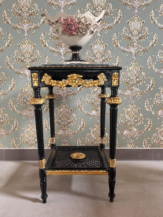 Black Side Table French Baroque Style in Glossy Black with Partial Gold Decor Coffee Table With Marble Slab Top in Dark Green or Black