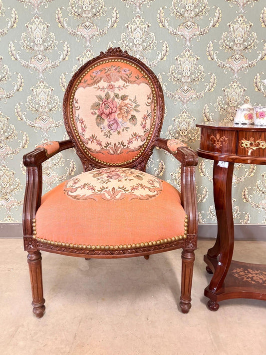 Lodge Chair Peach Red Floral Pattern Damask Wooden Armchair French Baroque Style Accent Chair Handmade Living Room Armchair for Home Decor
