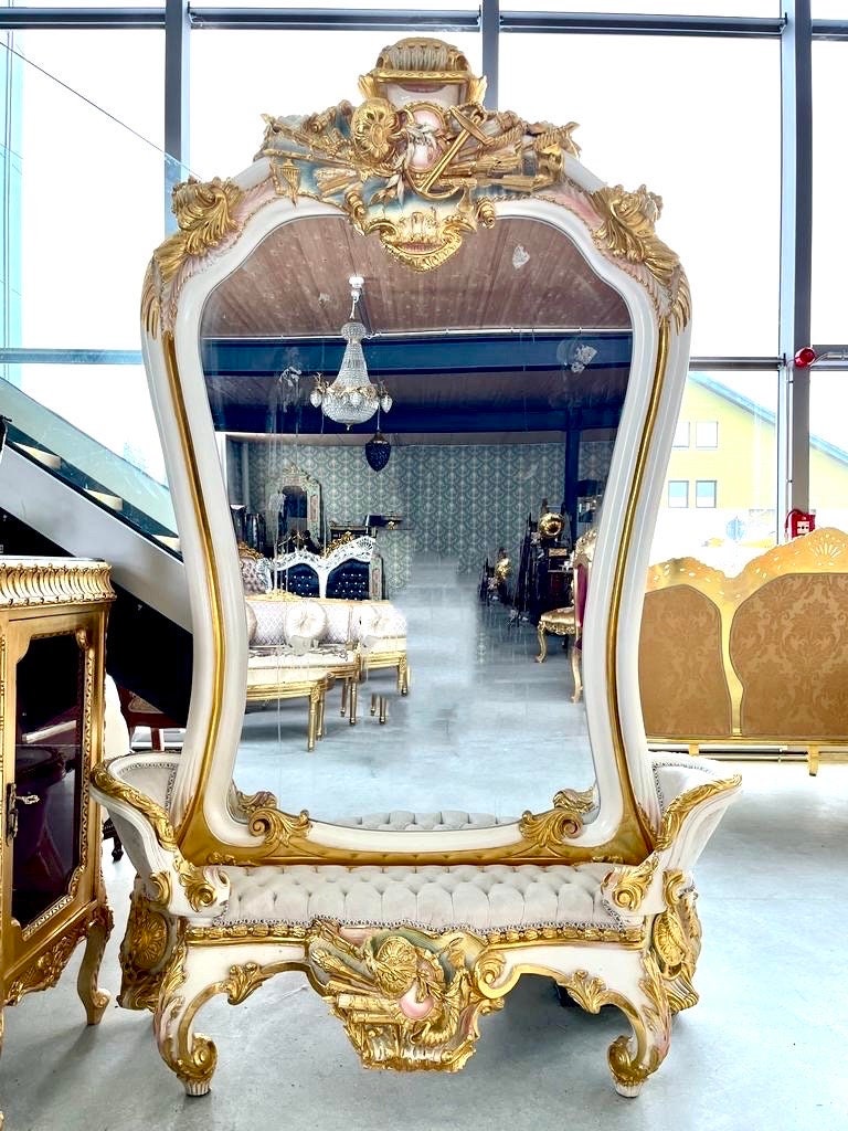 Wall Mirror & Bench Set Retro Baroque Rococo Style in Gold Finish Huge Mirror with Beige Velvet Bench Set for Commercial Lobby