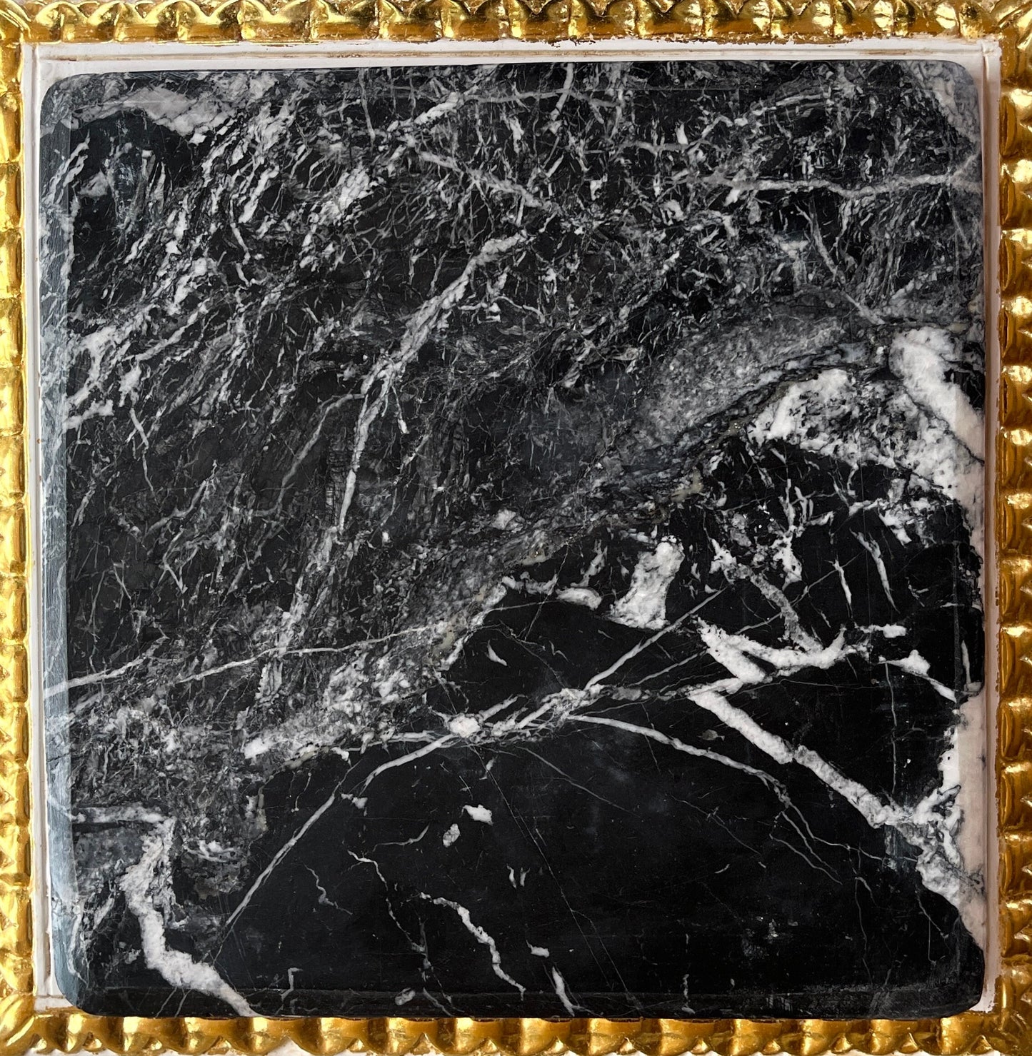 Black Side Table French Baroque Style in Glossy Black with Partial Gold Decor Coffee Table With Marble Slab Top in Dark Green or Black