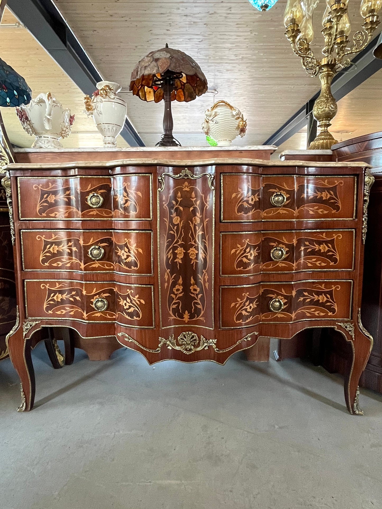 Chest of Drawer Nostalgic French Baroque Style Wooden Cabinet with Marble at Top Antique Style Reproduction for Stylish Home Decor- Limited
