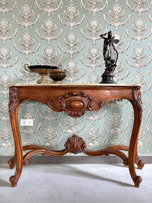 Console Table French Antique Style in Solid Wood Brown and Marble Slab Top Table Retro Baroque Style Gorgeous for Home Decor