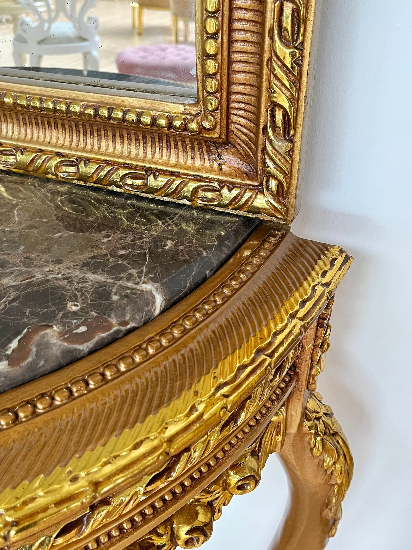Konsolentisch mit Standspiegel Antik Barock Handarbeit Stil / Console Table with Standing Mirror Antique Baroque Handmade Marble Top