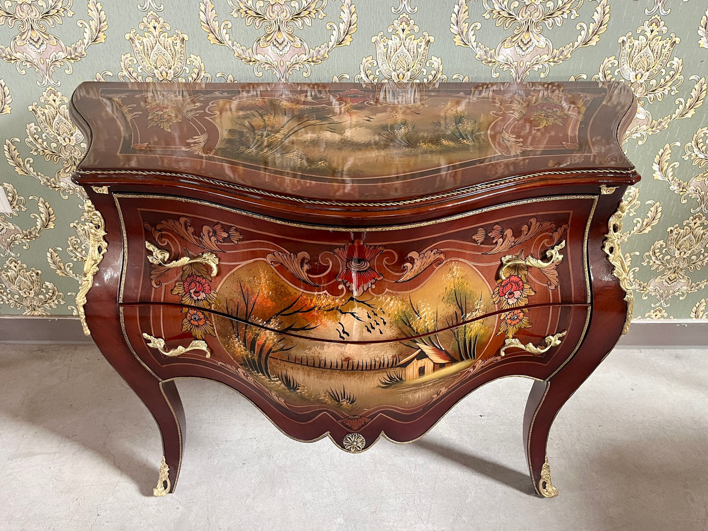 Chest of Drawer Set French Baroque Style Dresser & Night Stand Set Oil Paintings at Top Nostalgic Style Cabinet for Bedroom Decor