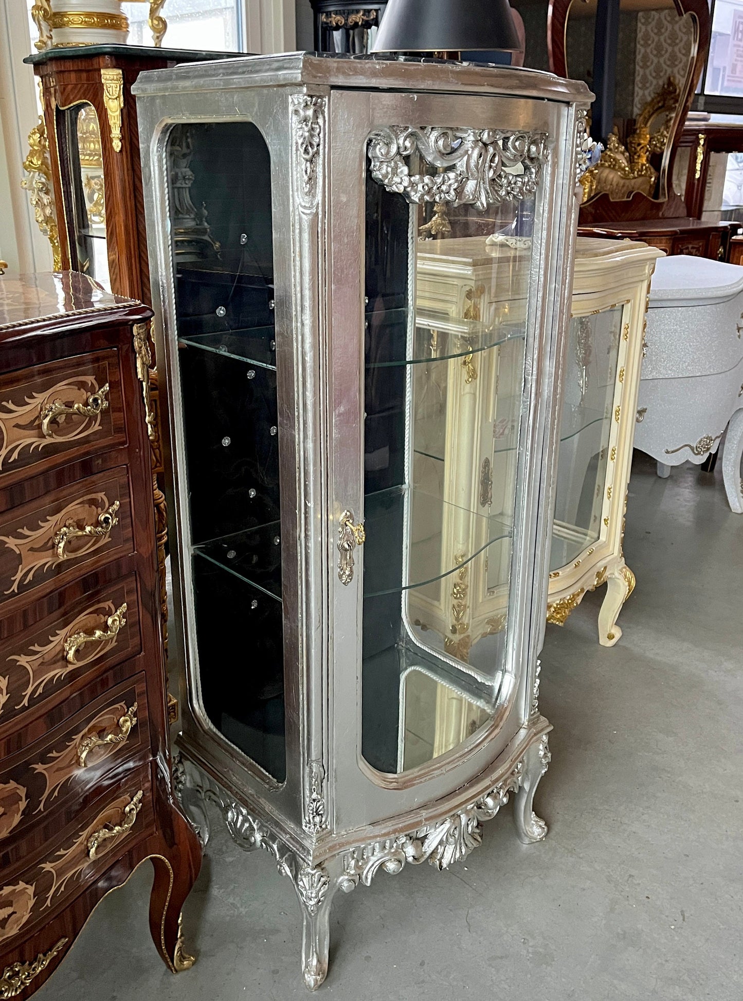 Display Cabinet Silver Black French Louis XV Antique Style Showcase Marble at Top Middle Size Baroque Style Showcase for Home Decor