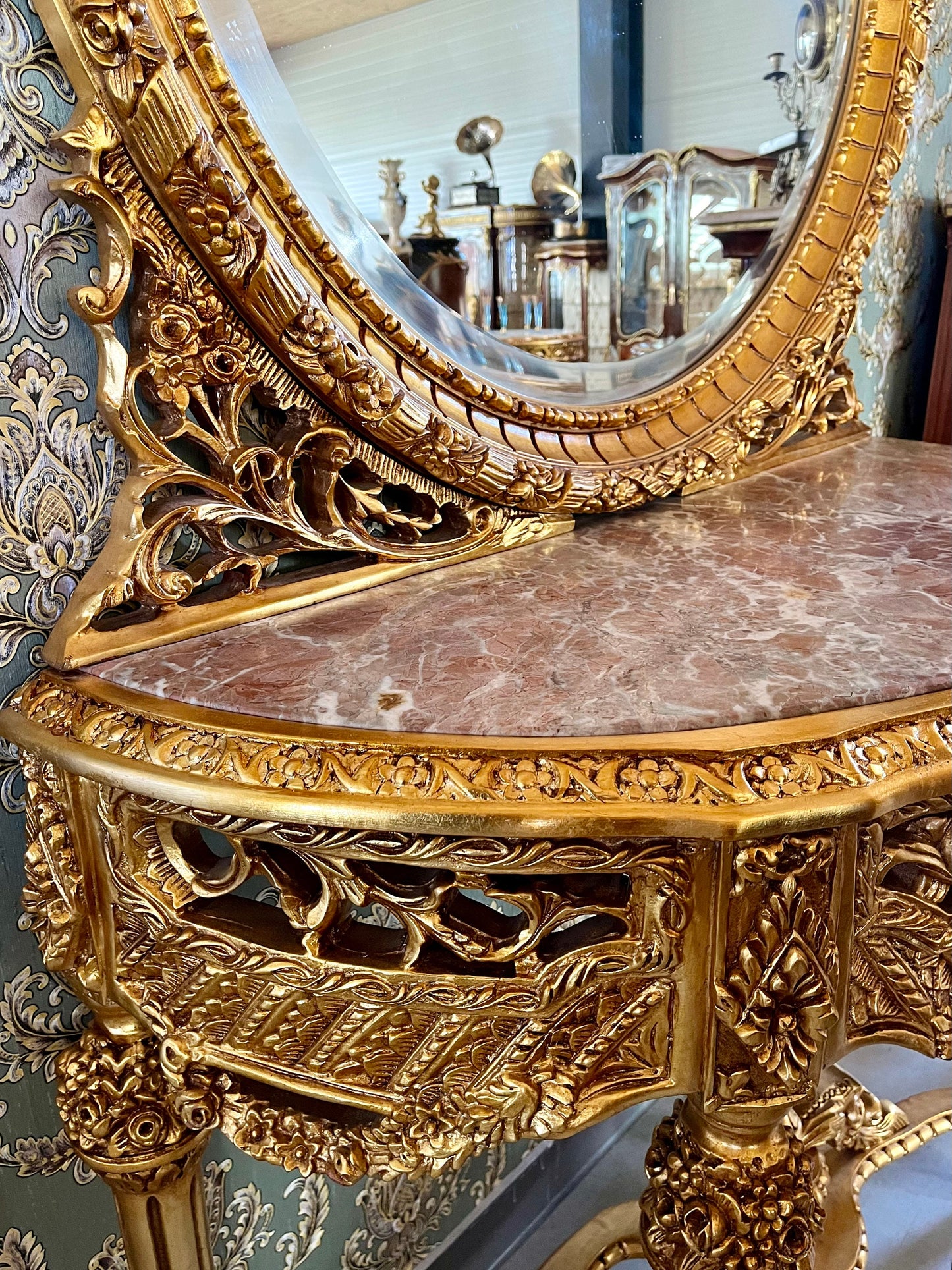 Console Table & Round Mirror Royal Baroque Antique Style Console Table Marble Top in Gold Finish for Villa House Hotel Lobby Decor