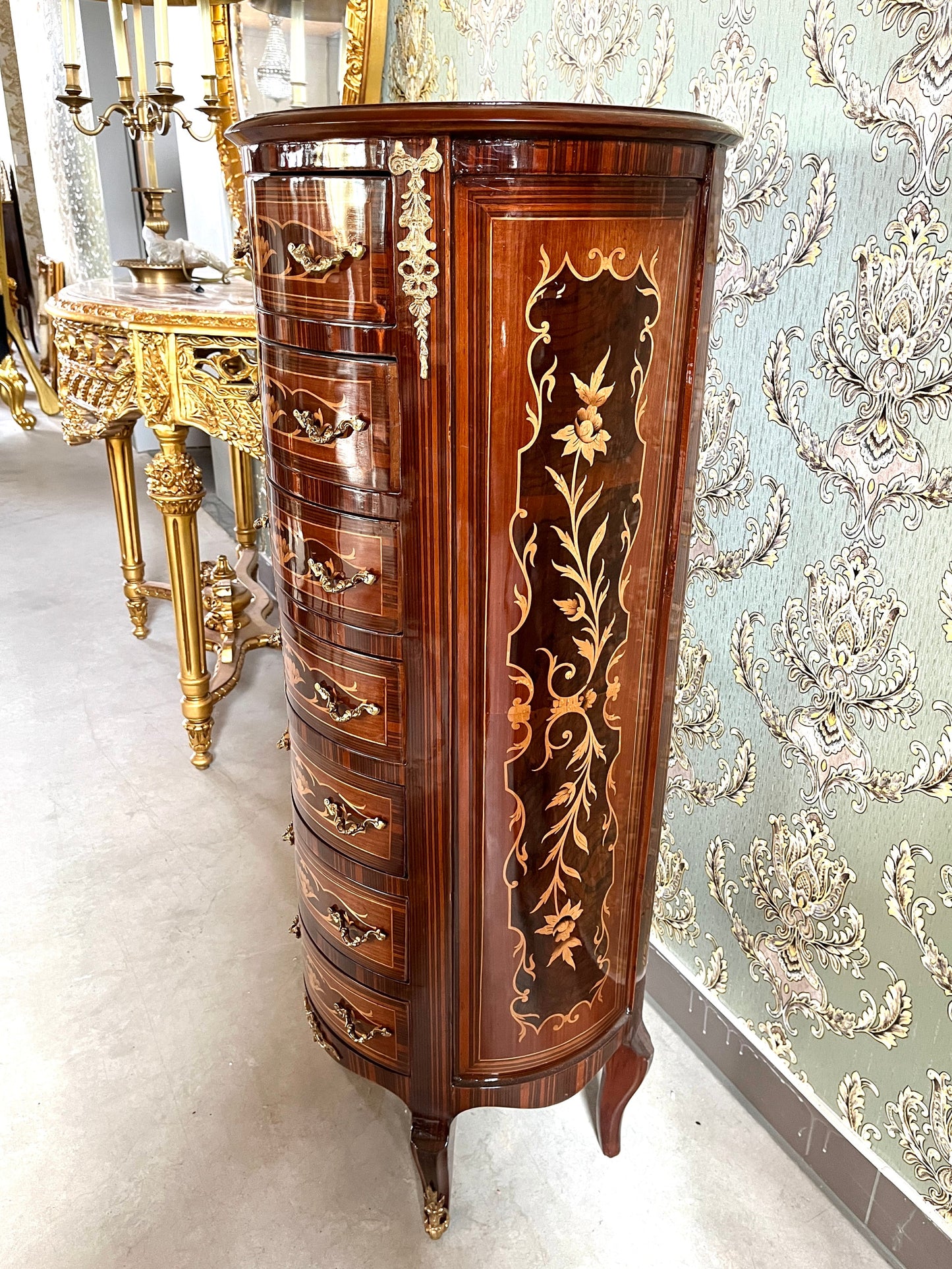 Chest of Drawer Retro Baroque Style Tall Round Kommode with 7 Drawers Home Decor Round Wooden Cabinet Drawer Antique Style