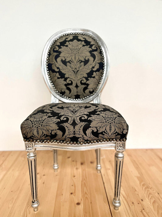 Chair Classic Baroque Style in Silver Black Pattern Dining Chair in Silver Finish for Home Decor