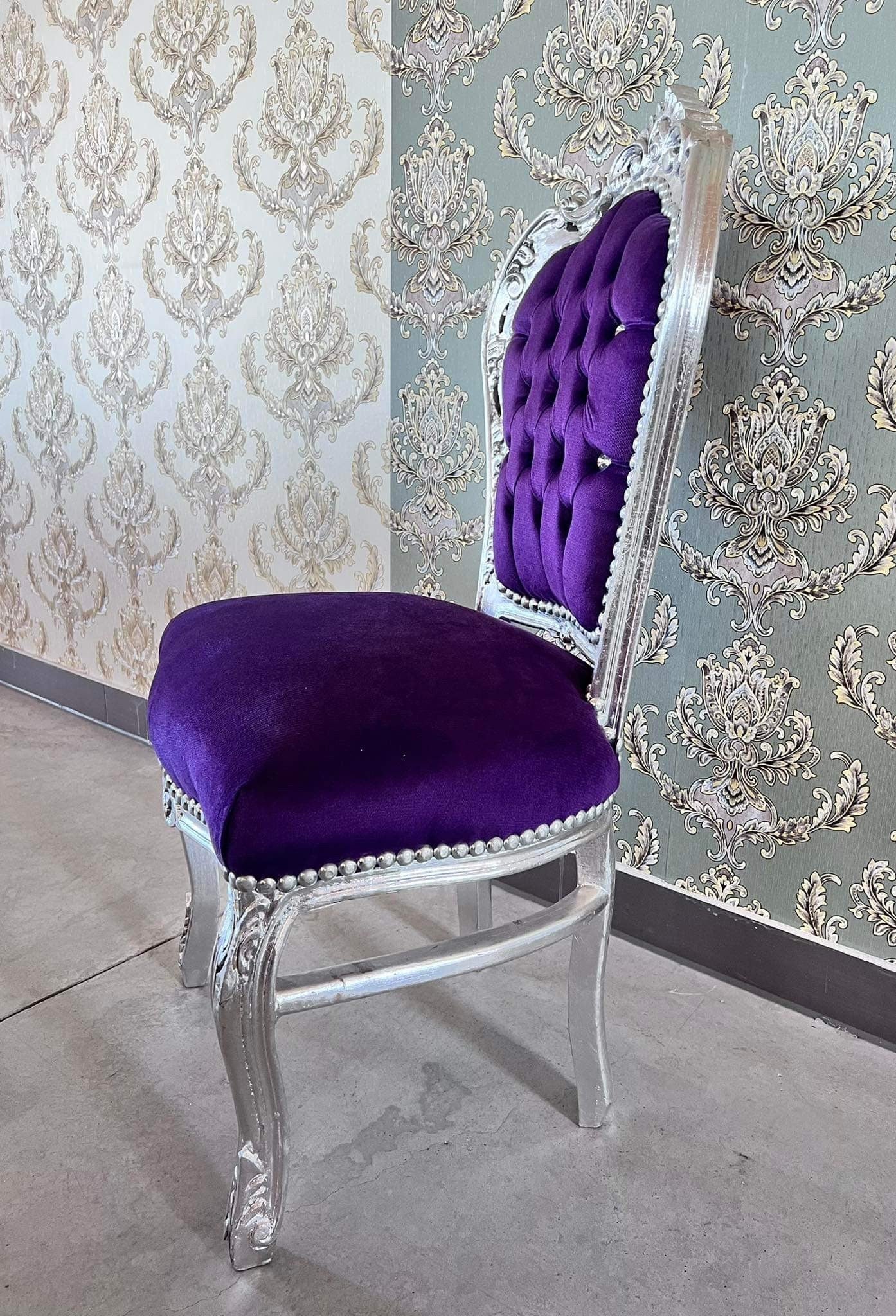 Accent Chair Blue Velvet French Baroque Antique Style Dining Chair Velvet Purple in Silver Finish for Home Decor