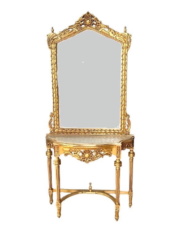 Mirror Table Console Retro Baroque Style with Marble Slab Top Handmade Wooden Table in Gold Finish