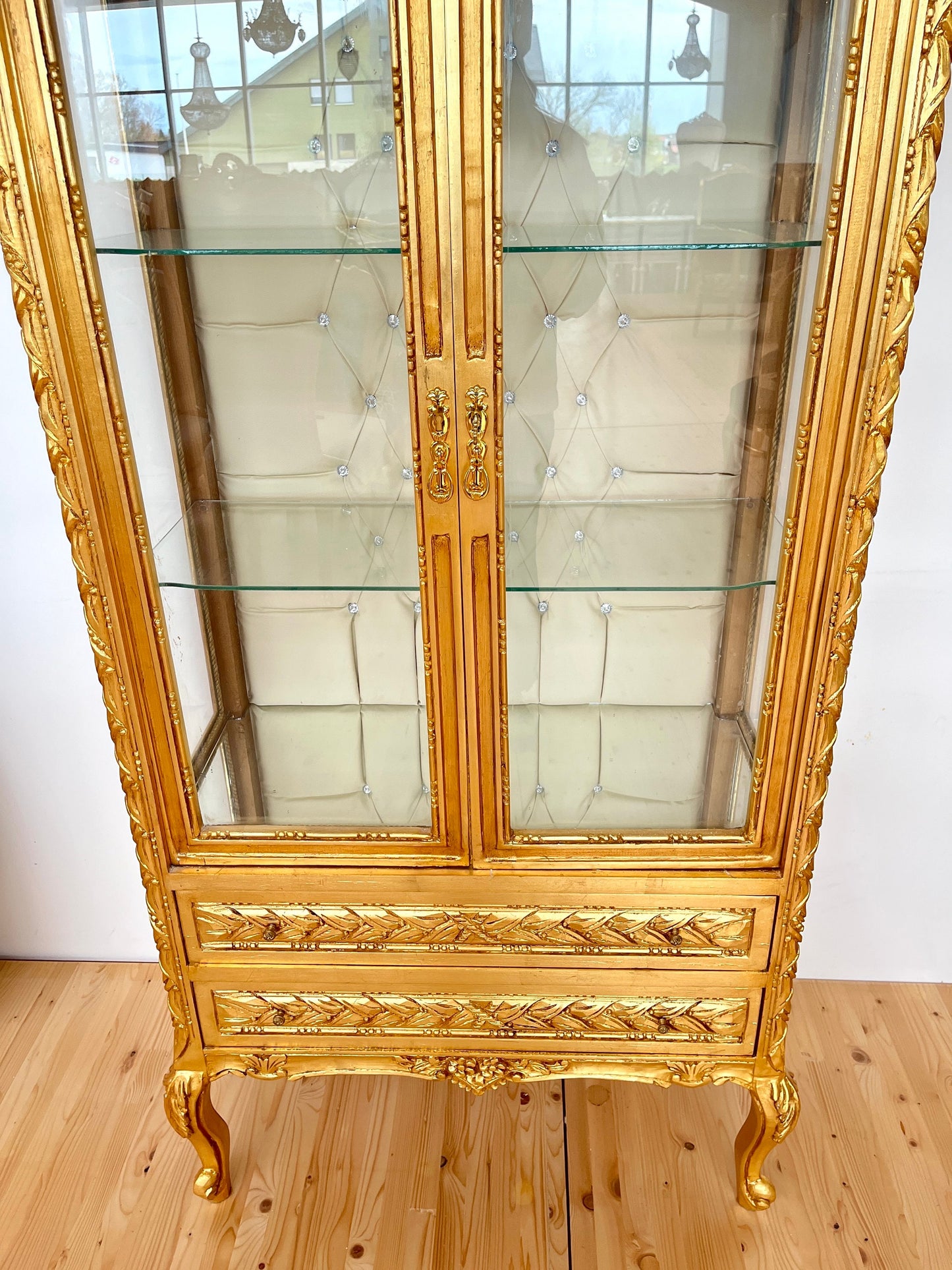 Display Cabinet Wooden French Louis XV Style Showcase Antique Baroque Style Reproduction in Gold Finish