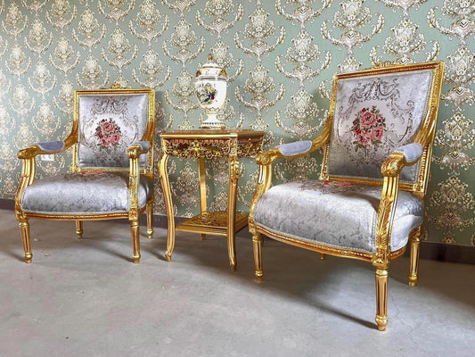 Armchair Table Set French Antique Style Gold Finish for Lounge French Louis Style Chair and Table Baroque Rococo Style Chair Set for Lobby