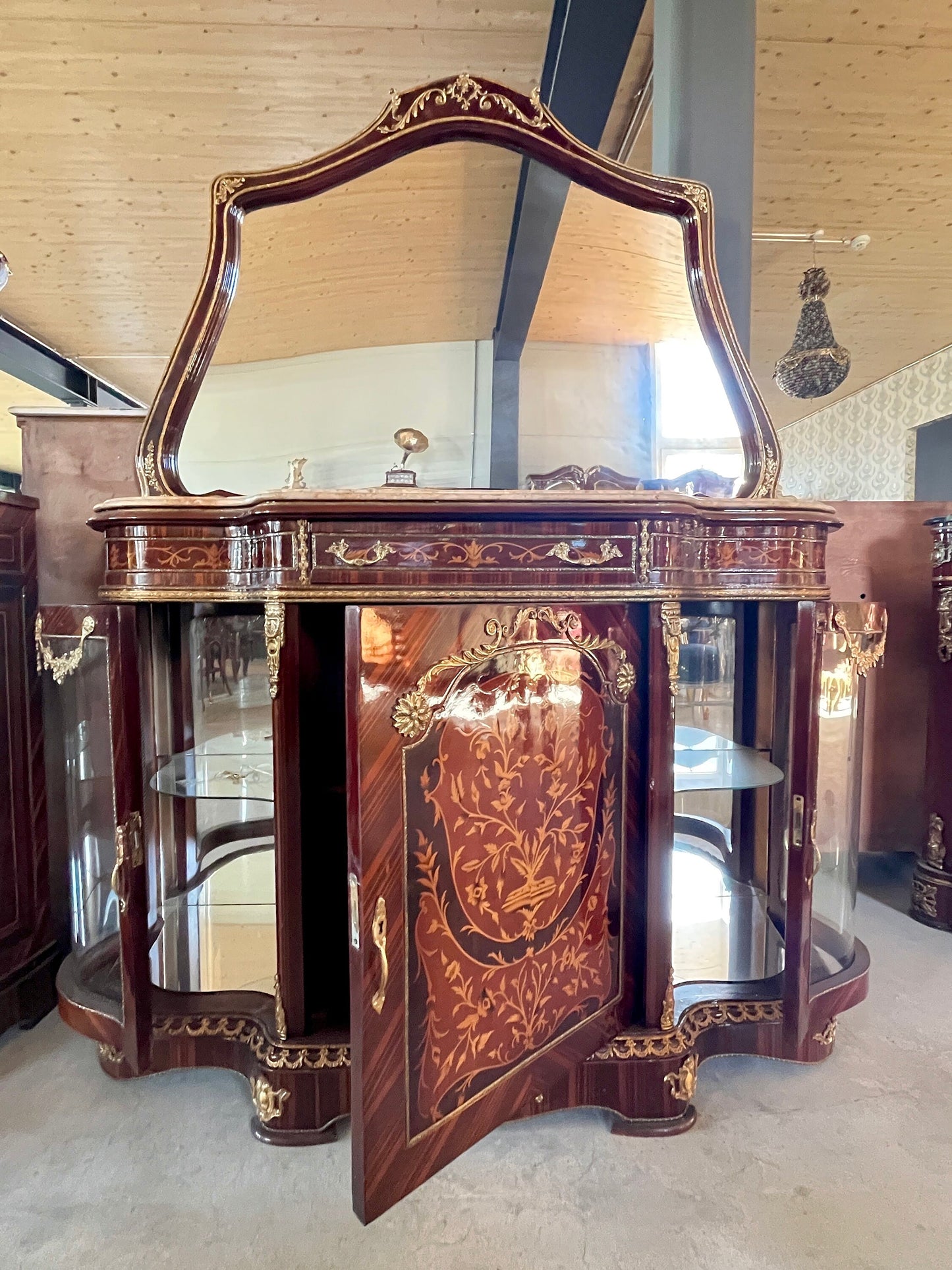 Mirror Glass Cabinet Wall Console in Nostalgic Antique Style with Marble Slab at Top Retro Baroque Style Wall Cabinet with Mirror
