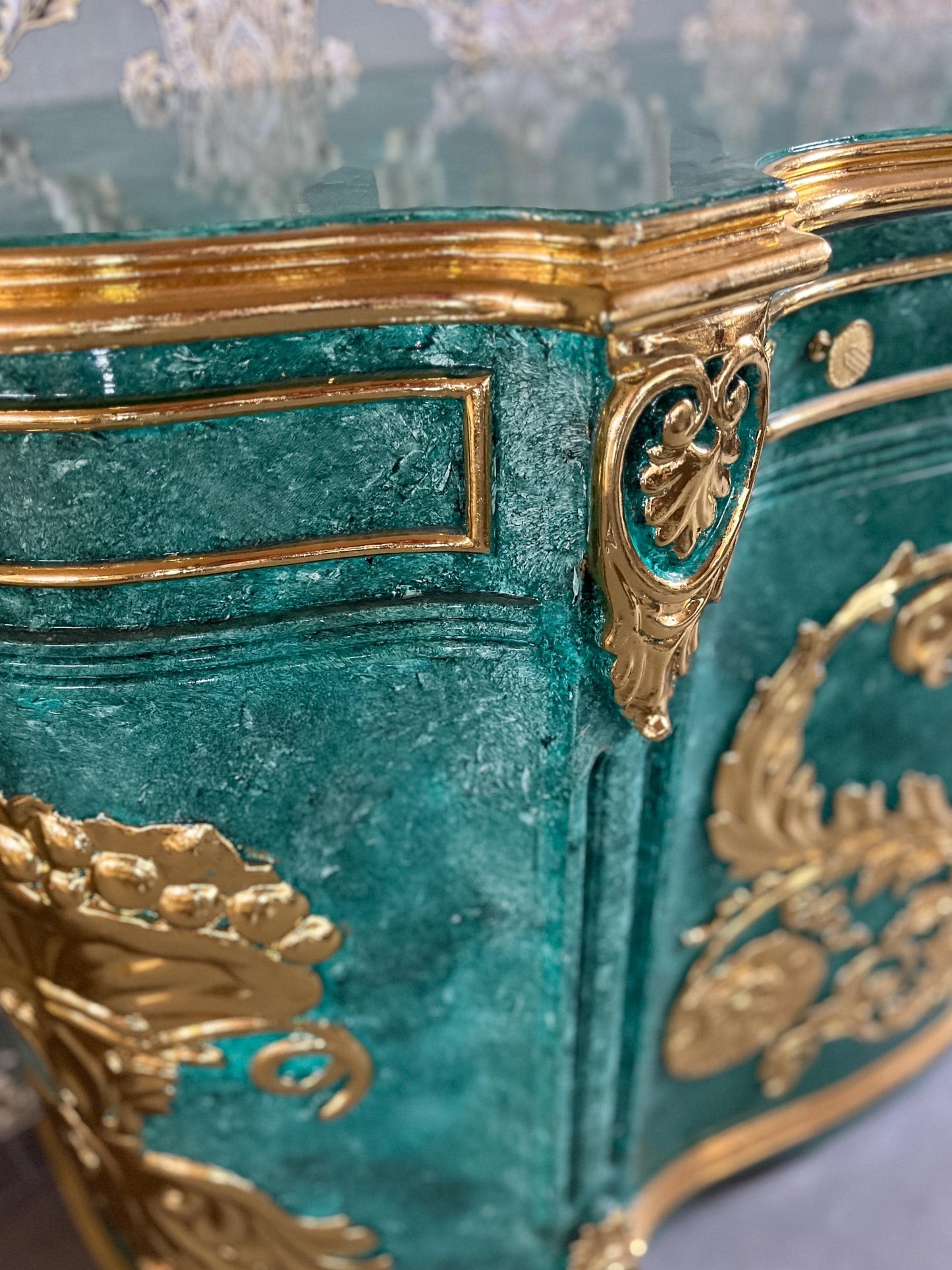 Huge Wooden Cabinet Antique Baroque Rococo Style in Emerald Green Huge Cupboard for Home Decor or Commercial Store Display