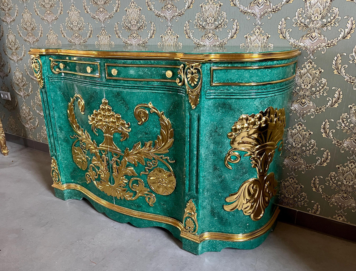 Huge Wooden Cabinet Antique Baroque Rococo Style in Emerald Green Huge Cupboard for Home Decor or Commercial Store Display