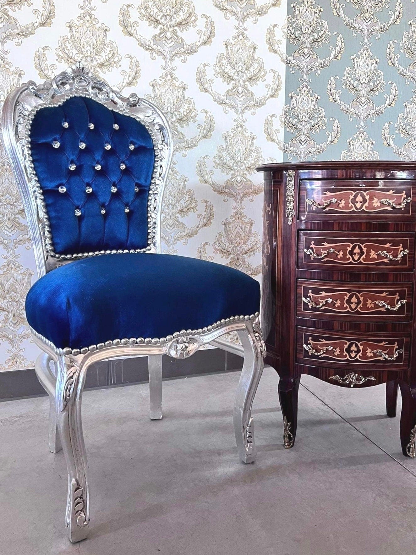 Accent Chair Blue Velvet French Baroque Antique Style Dining Chair Velvet Purple in Silver Finish for Home Decor