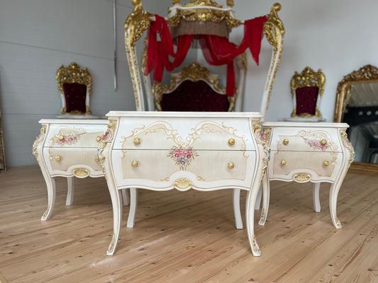Chest of Drawer White Flower Painted French Baroque Style Dresser Home DecorBeige Color Chest of Drawer Italian Style Floral Paint for Home