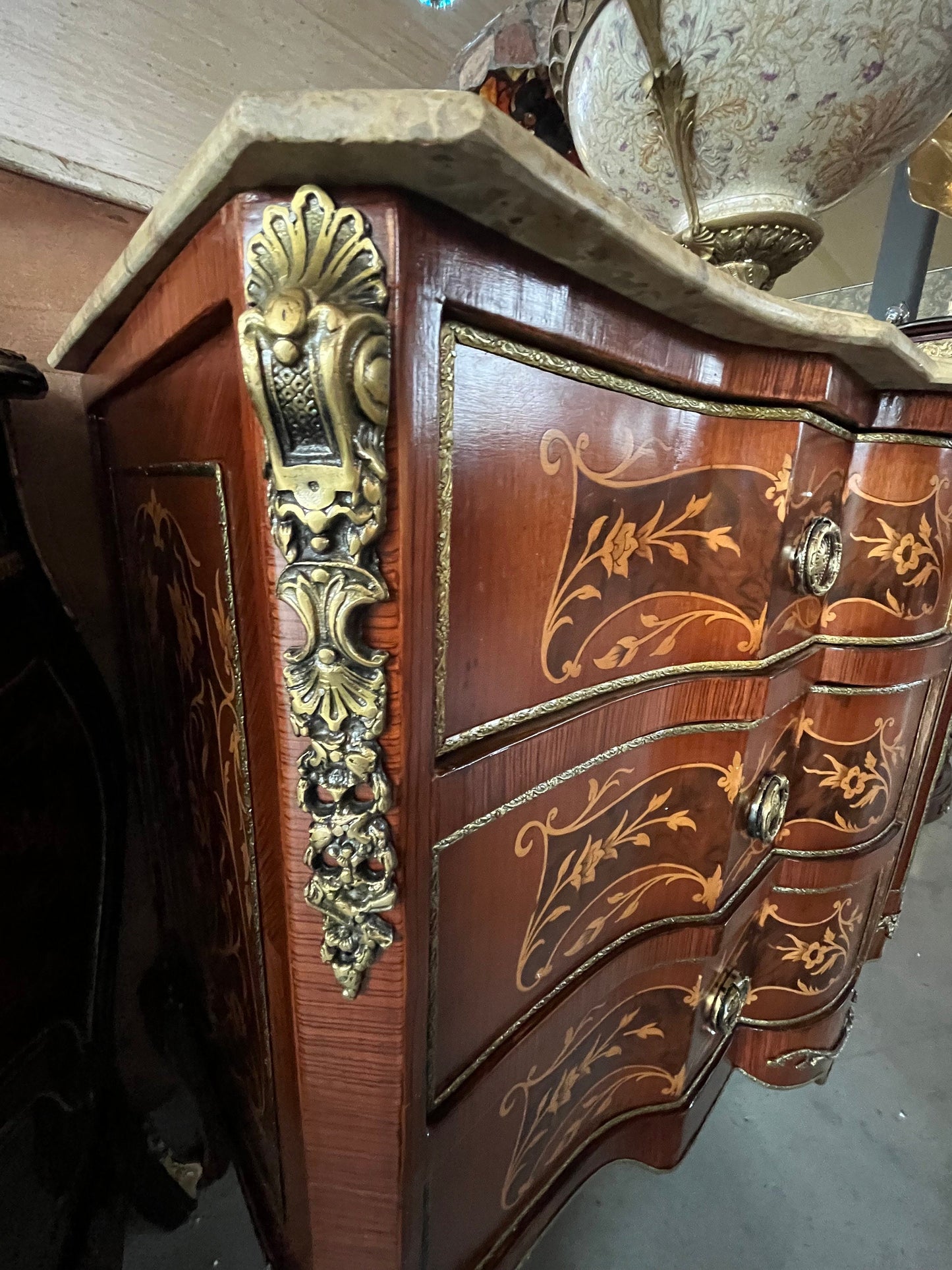 Chest of Drawer Nostalgic French Baroque Style Wooden Cabinet with Marble at Top Antique Style Reproduction for Stylish Home Decor- Limited