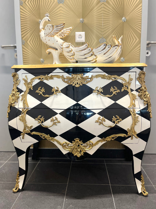 Chest of Drawer Middle Size French Louis Style in Black Diamond Print Retro Baroque Style Cabinet Inlaid 3 Drawer With Bronze Ornaments