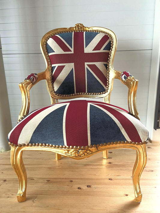 Französischer Sessel im Louis-Barock-Stil French Baroque Style Armchair in Union Jack Print Gold Finish