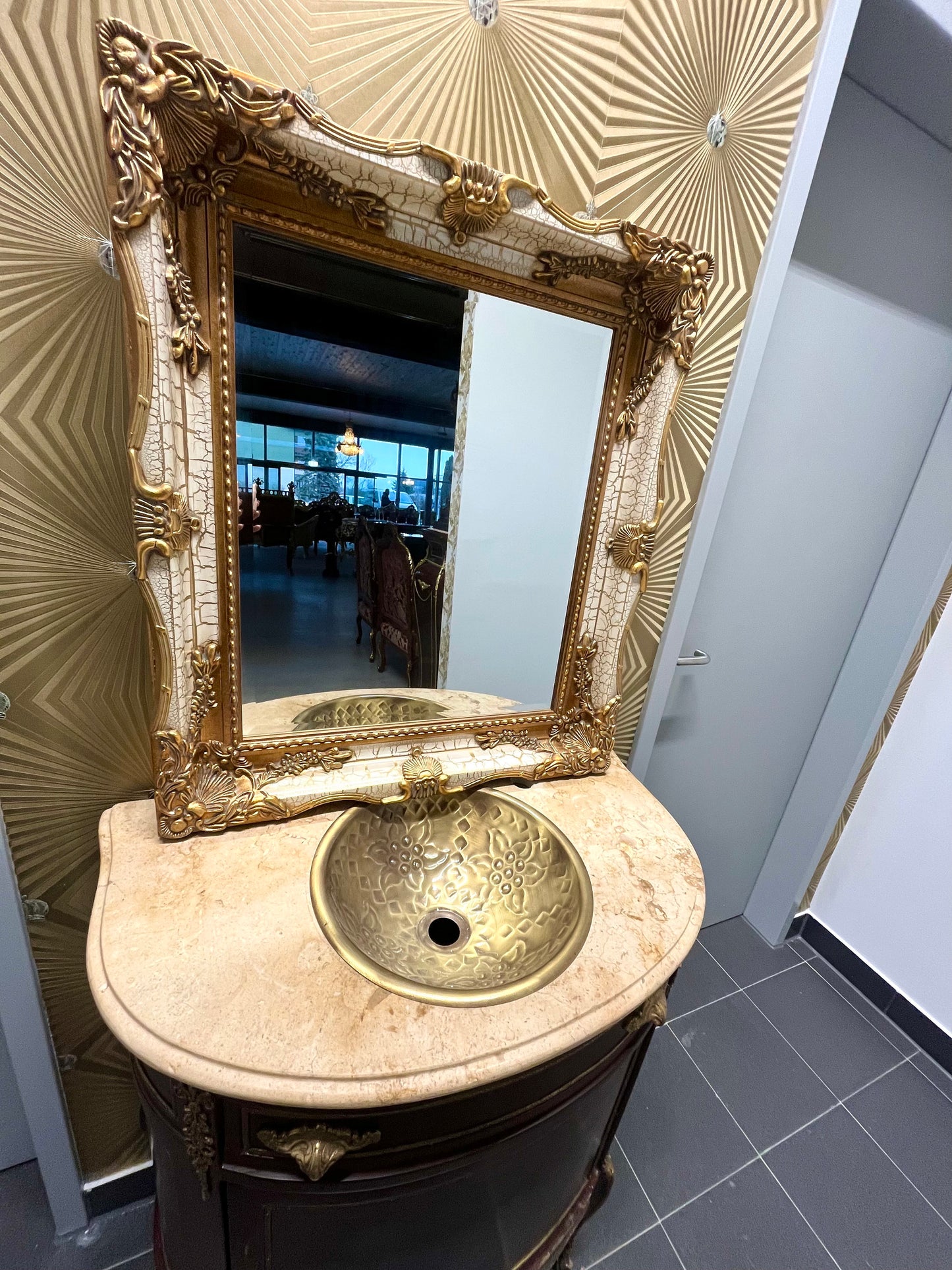 Washbasin Cabinet with Mirror Set French Baroque Style Marble Top Washbasin Cabinet Retro Home Decor in Brown