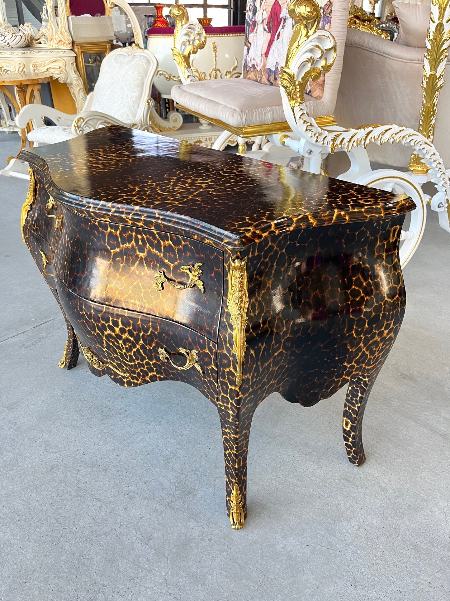 Chest of Drawer Louis XV Style in Leopard Print Dresser Retro Baroque Rococo Style Bedroom Kommode in Brown Leopard Print Collection Decor