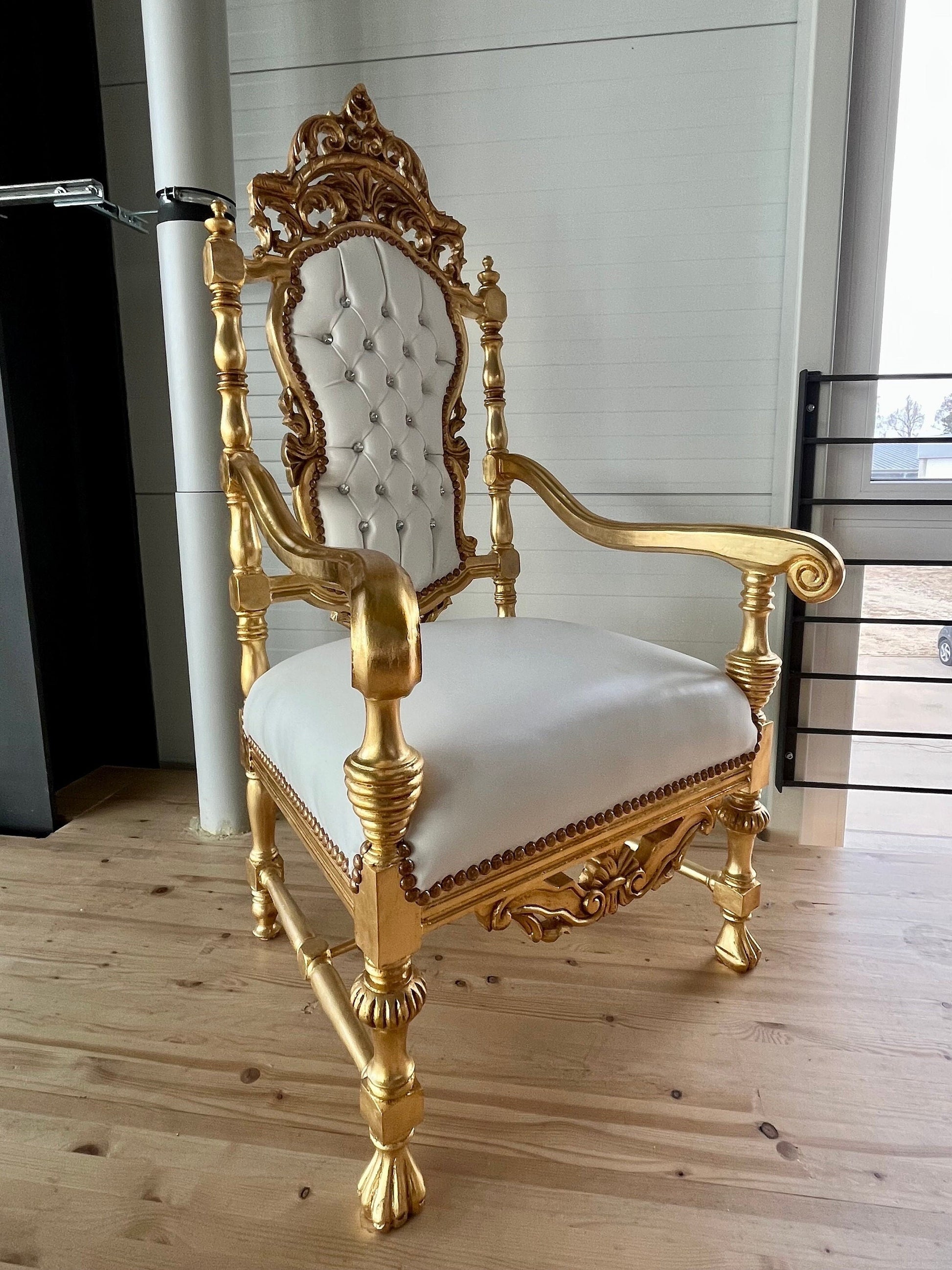 Throne Italian Barock Rococo Style Armchair Royal Antique Style Chair Gold Finish White Leather Like