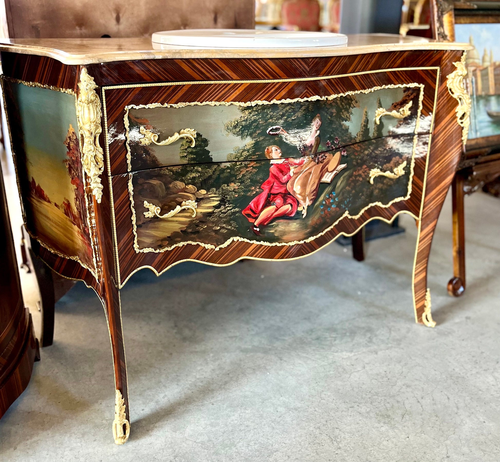 Sink Cabinet French Antique Style Handpainted Oil Painting Surface Retro Baroque Style Home Decor with Ceramic Sink Top for Bathroom Decor