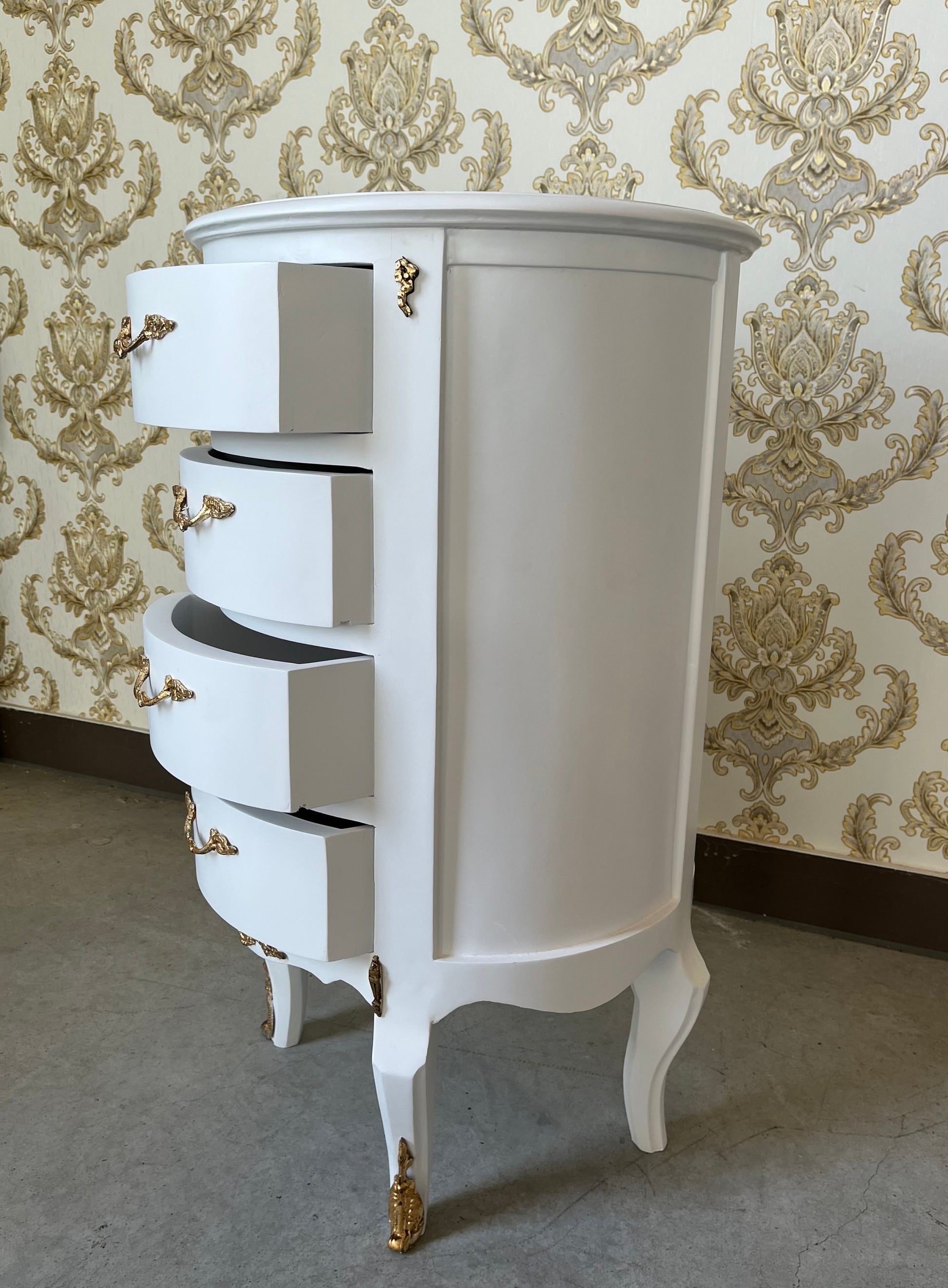 Night Stand White Color Baroque Chest of Drawers with Brass Handles Round Bedside Table Nostalgic French Style Night Stand for Bedroom Decor