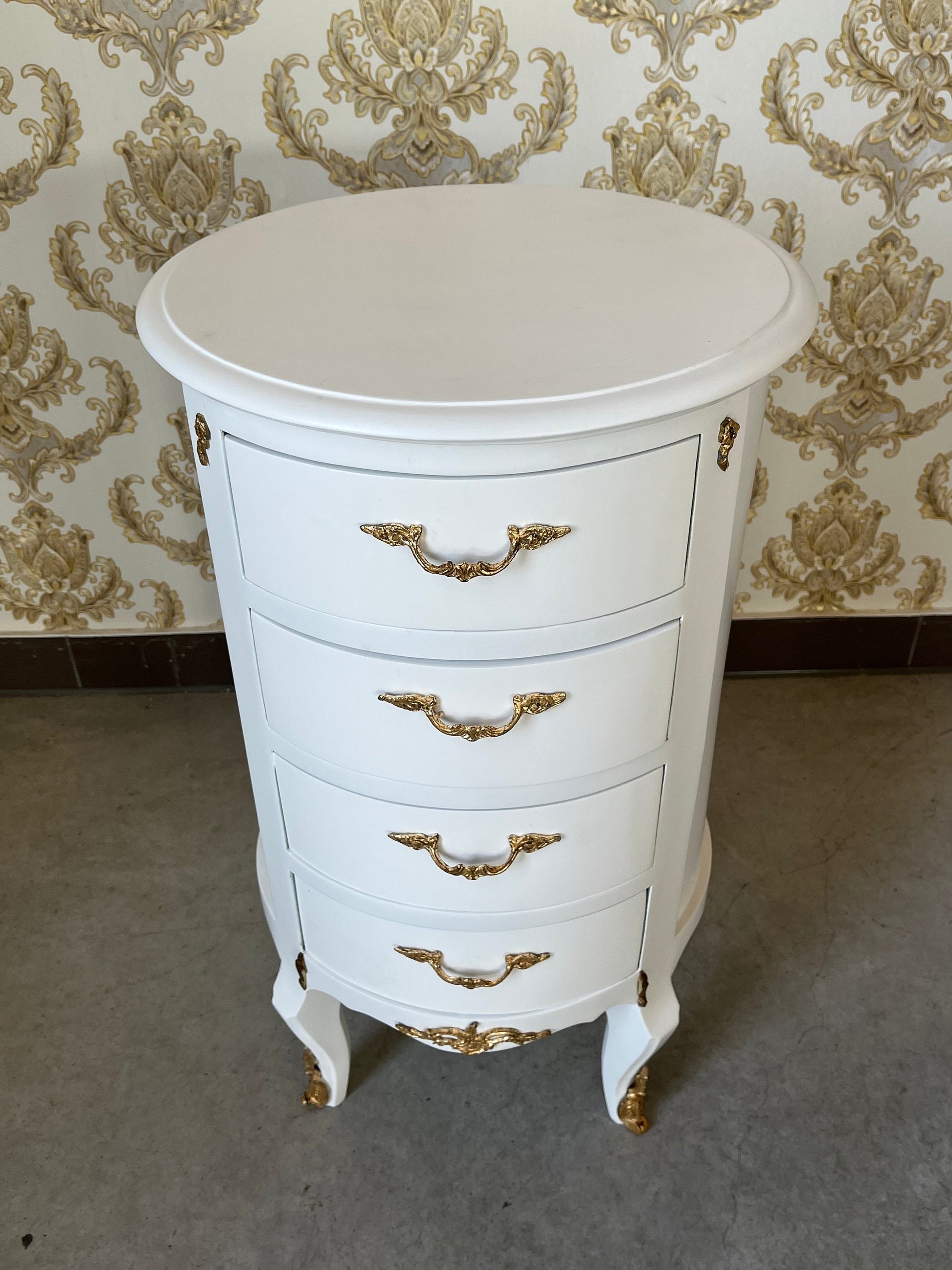Night Stand White Color Baroque Chest of Drawers with Brass Handles Round Bedside Table Nostalgic French Style Night Stand for Bedroom Decor