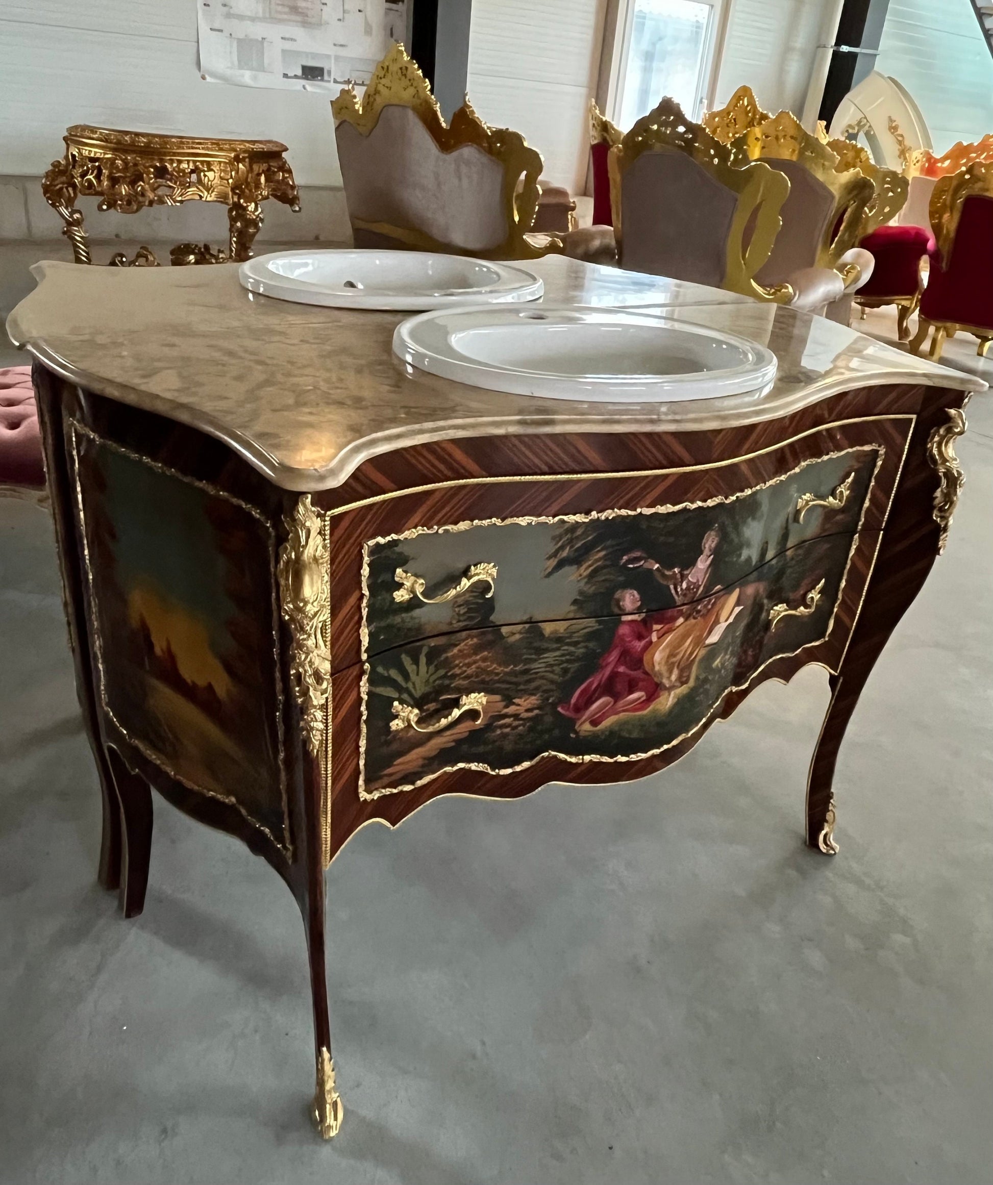 Sink Cabinet French Antique Style Handpainted Oil Painting Surface Retro Baroque Style Home Decor with Ceramic Sink Top for Bathroom Decor