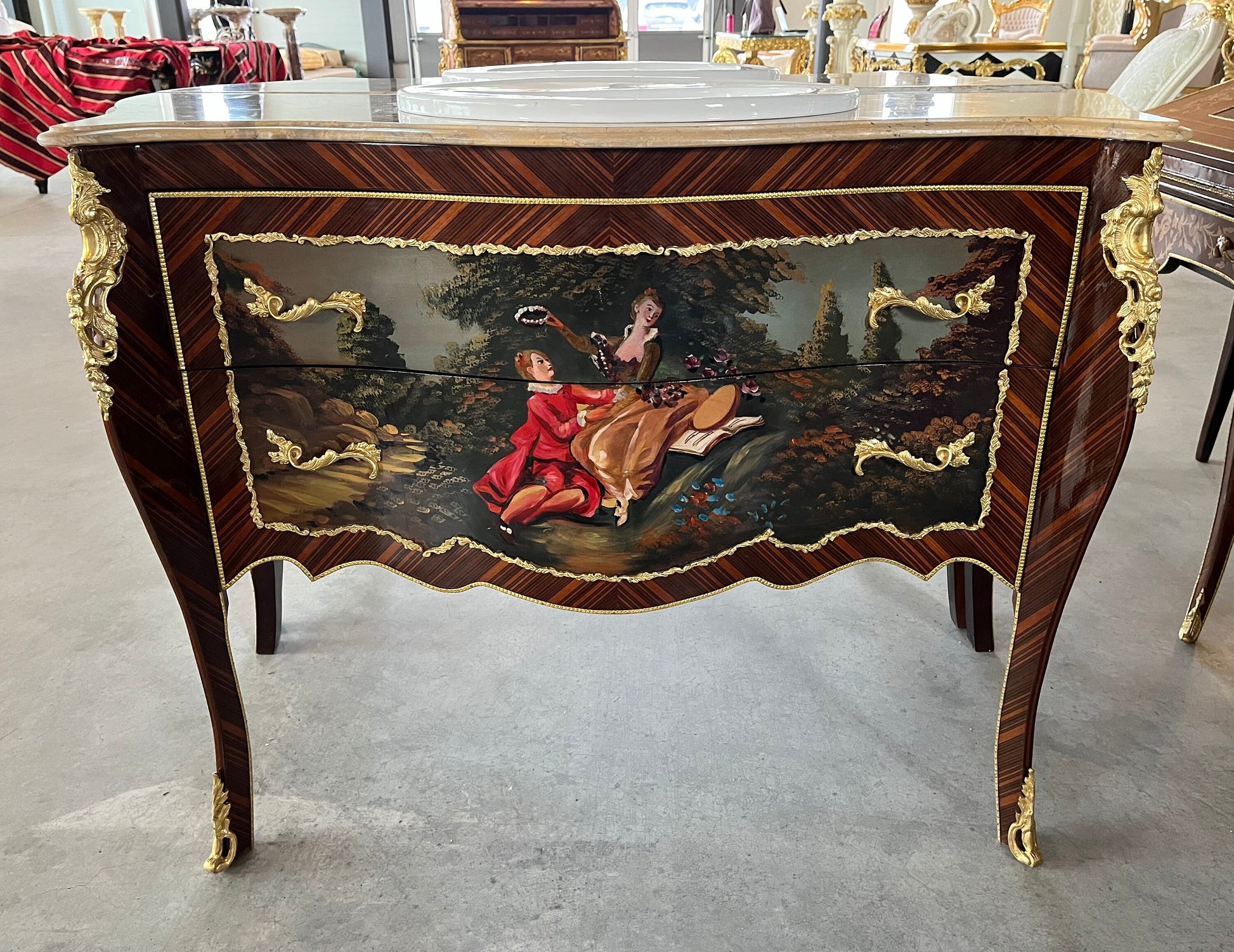 Sink Cabinet French Antique Style Handpainted Oil Painting Surface Retro Baroque Style Home Decor with Ceramic Sink Top for Bathroom Decor