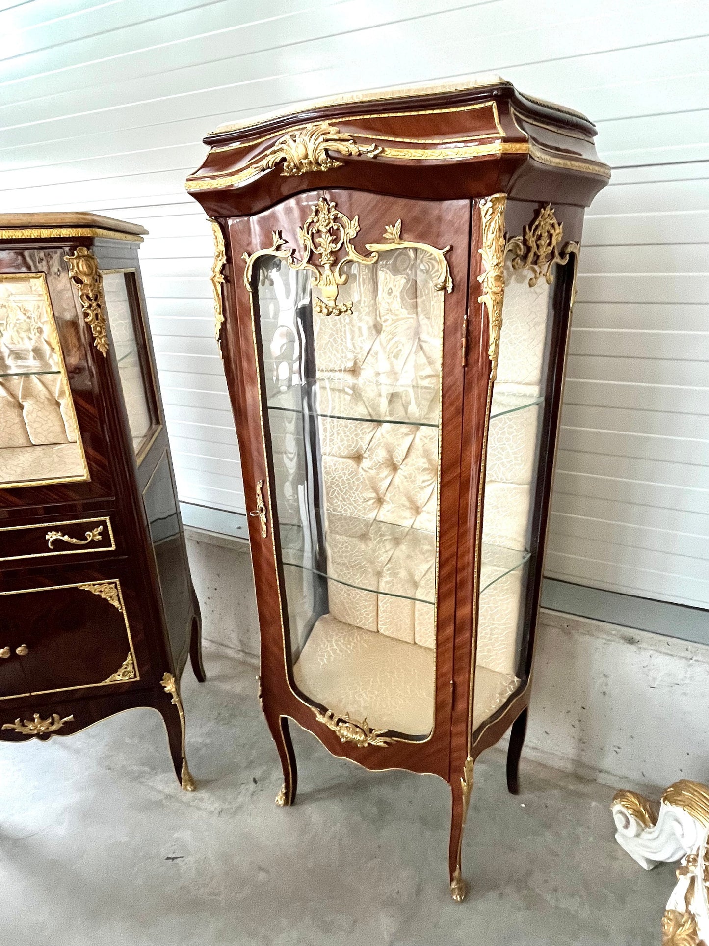 Display Cabinet French Baroque Retro Style Marble Slab Top Showcase with Brass Ornament- Slim