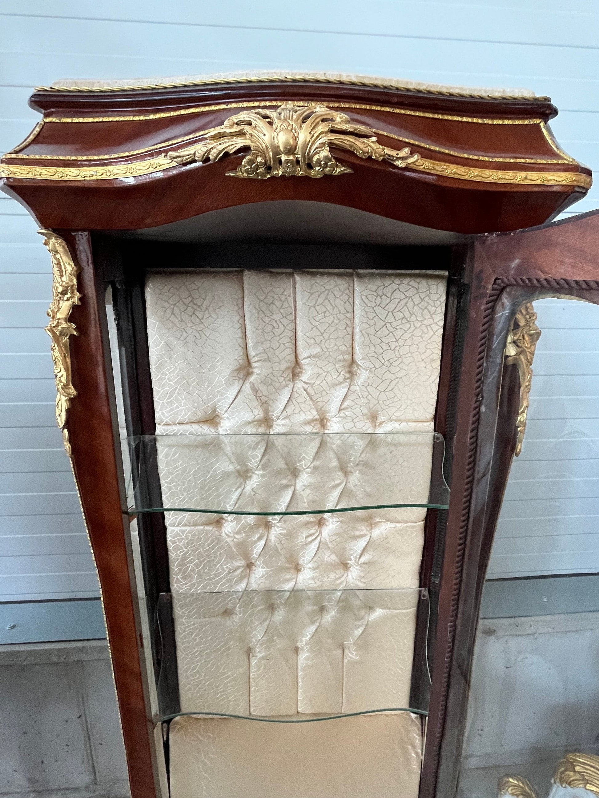 Display Cabinet French Baroque Retro Style Marble Slab Top Showcase with Brass Ornament- Slim