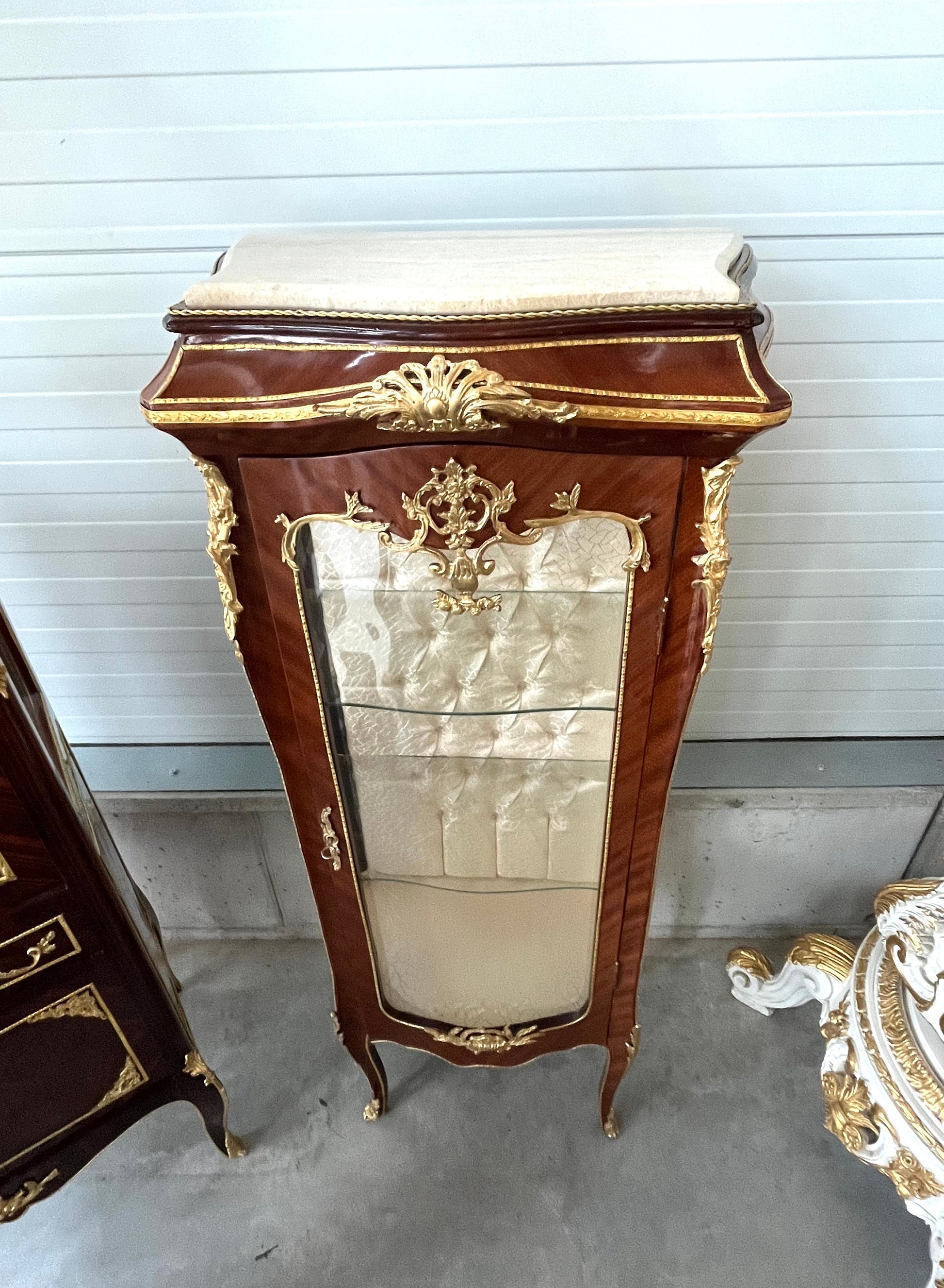 Display Cabinet French Baroque Retro Style Marble Slab Top Showcase with Brass Ornament- Slim