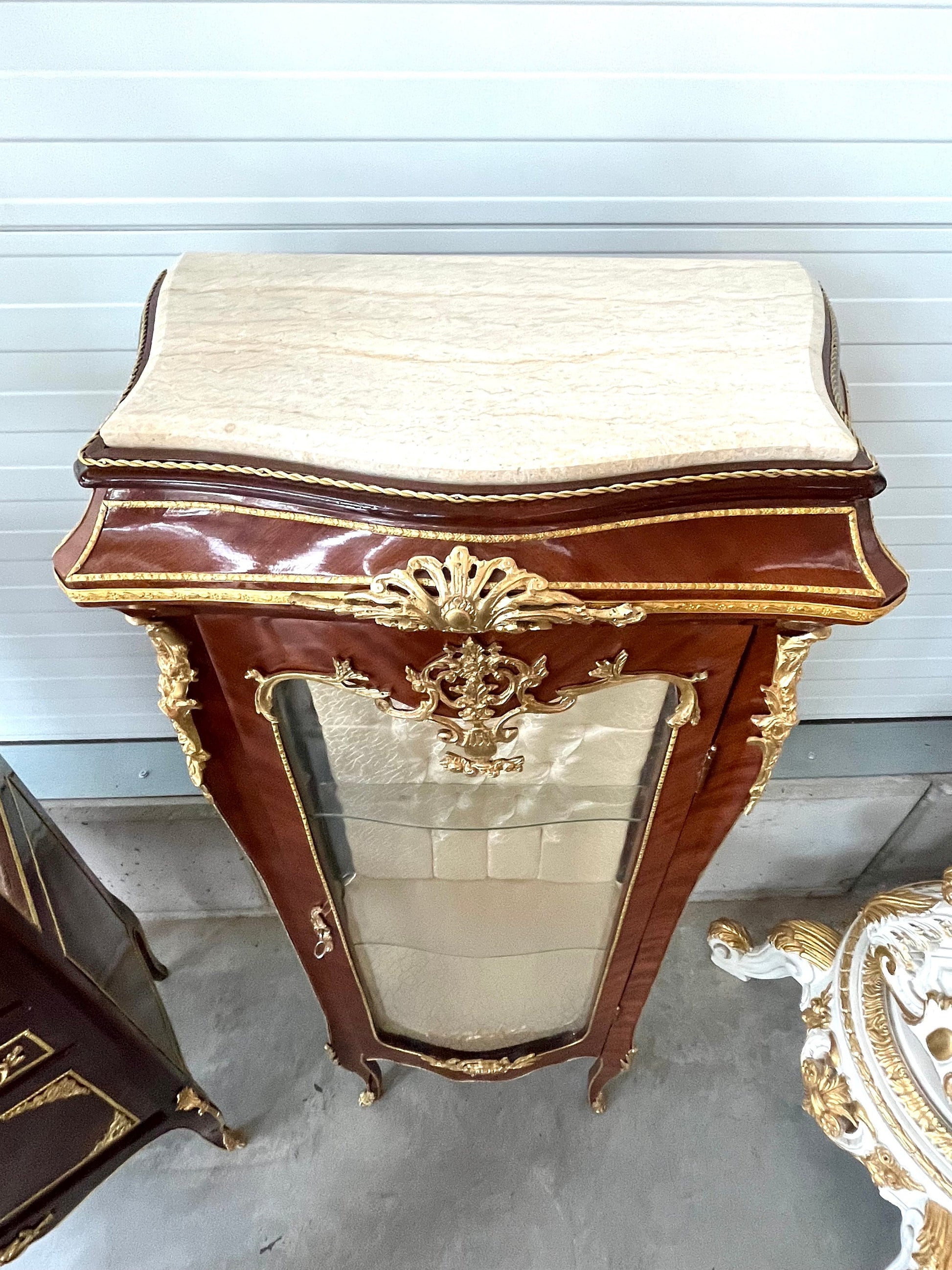 Display Cabinet French Baroque Retro Style Marble Slab Top Showcase with Brass Ornament- Slim