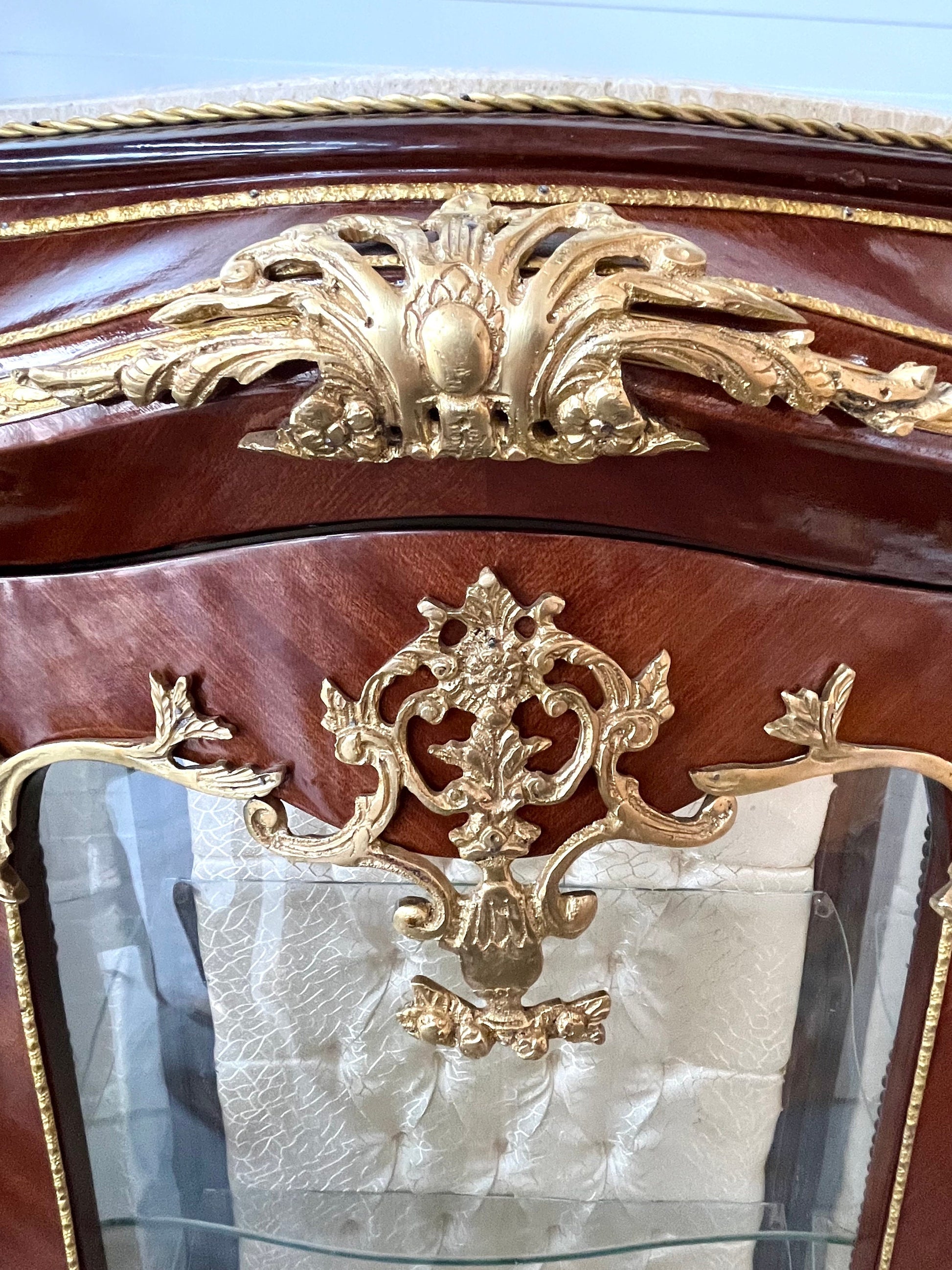 Display Cabinet French Baroque Retro Style Marble Slab Top Showcase with Brass Ornament- Slim