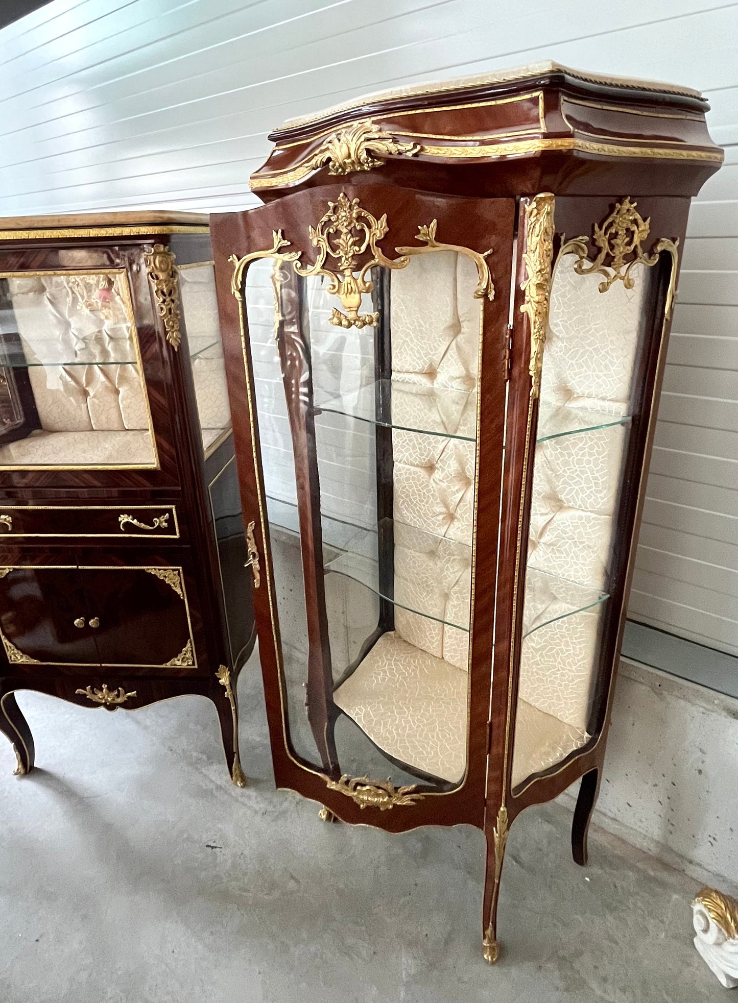Display Cabinet French Baroque Retro Style Marble Slab Top Showcase with Brass Ornament- Slim